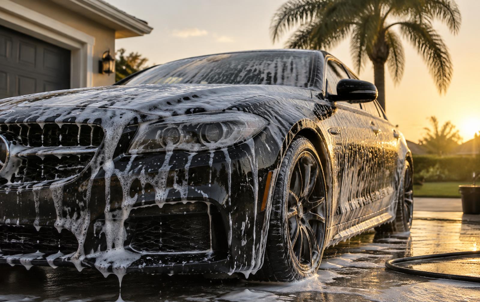 Black sedan covered in snow foam during a hand wash in a Tampa driveway
